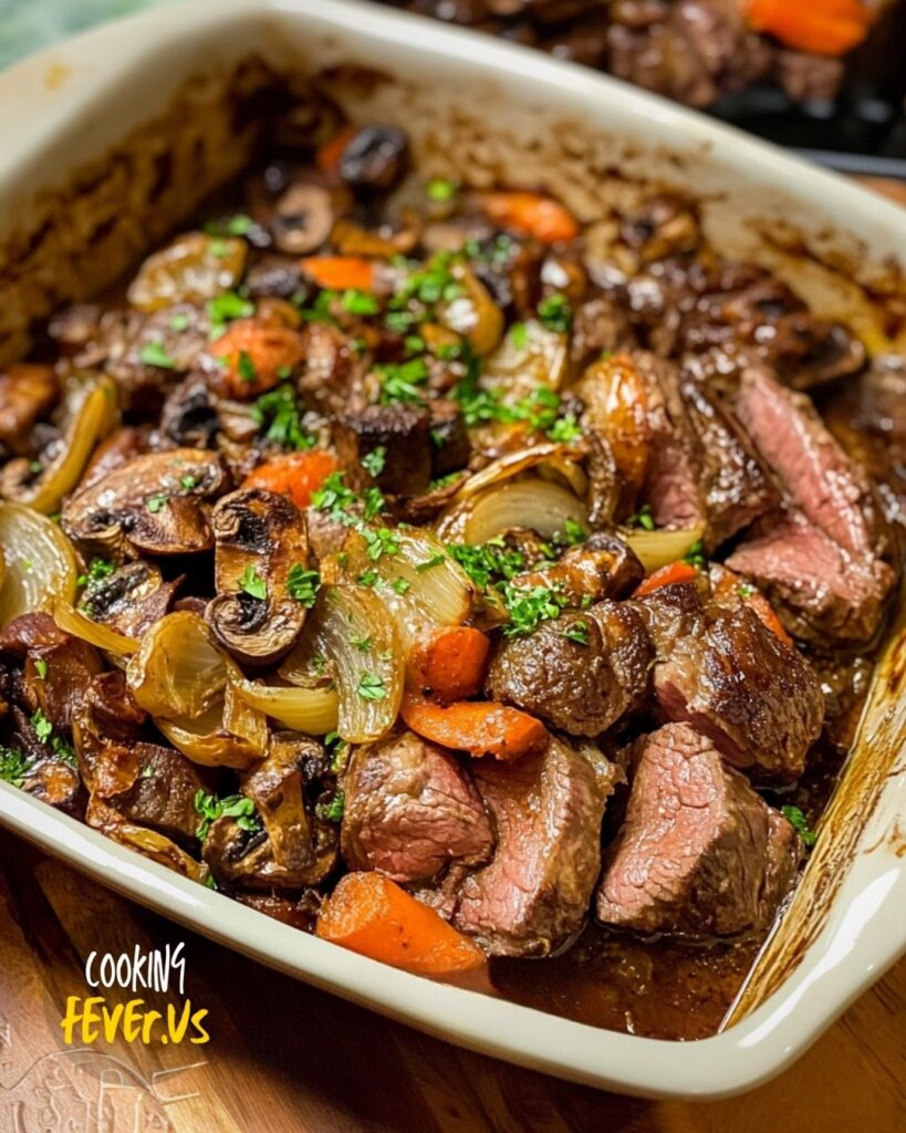 Making Beef Roast With Caramelized Onions And Mushrooms