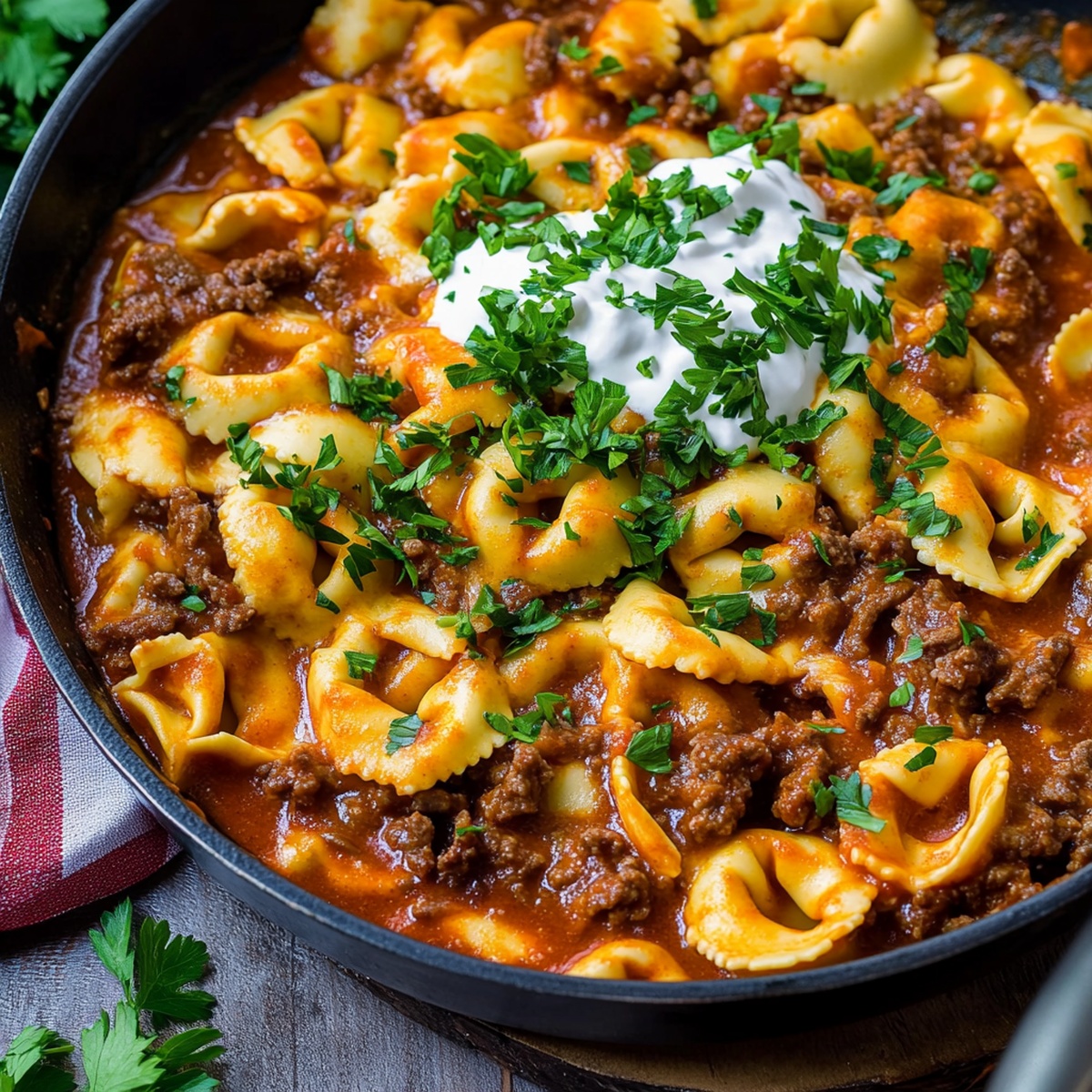 Cheesy Beef Enchilada Tortellini Skillet Making