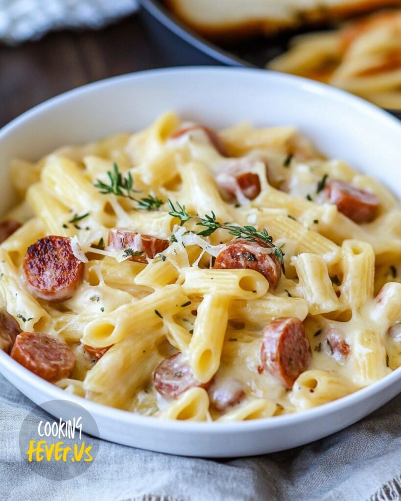 Serving Creamy Cheesy Kielbasa Pasta