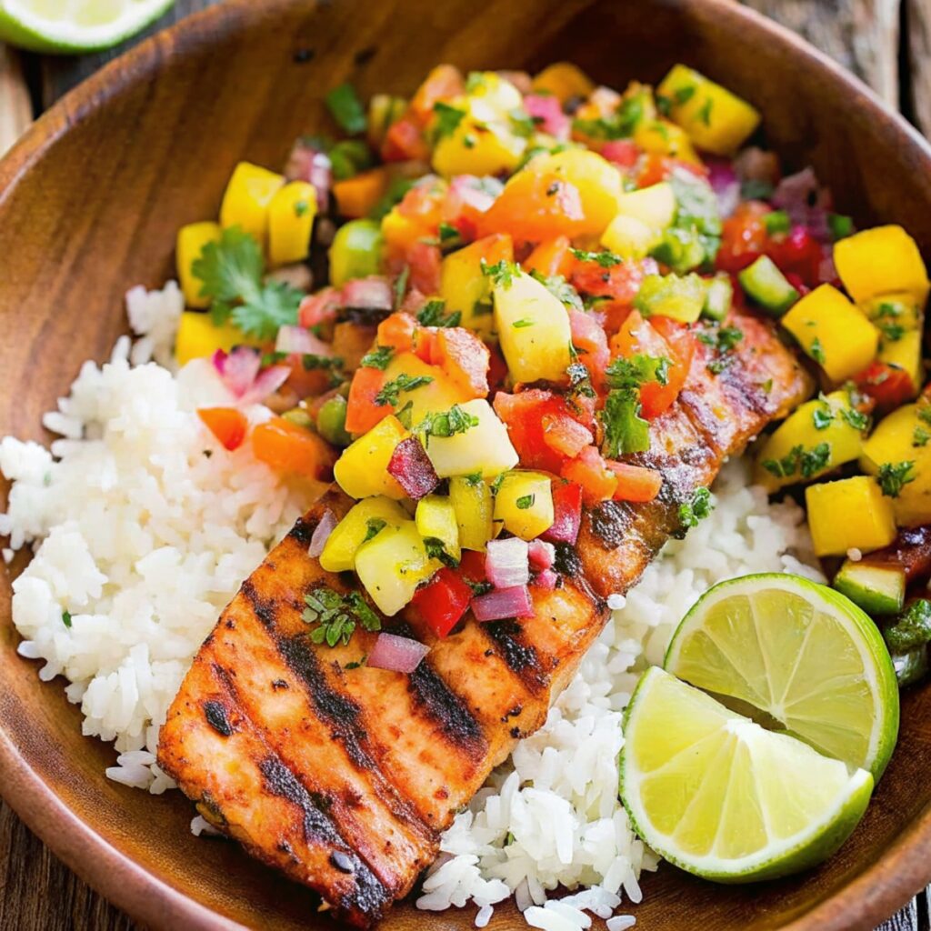 Making Grilled Salmon With Mango Salsa And Coconut Rice