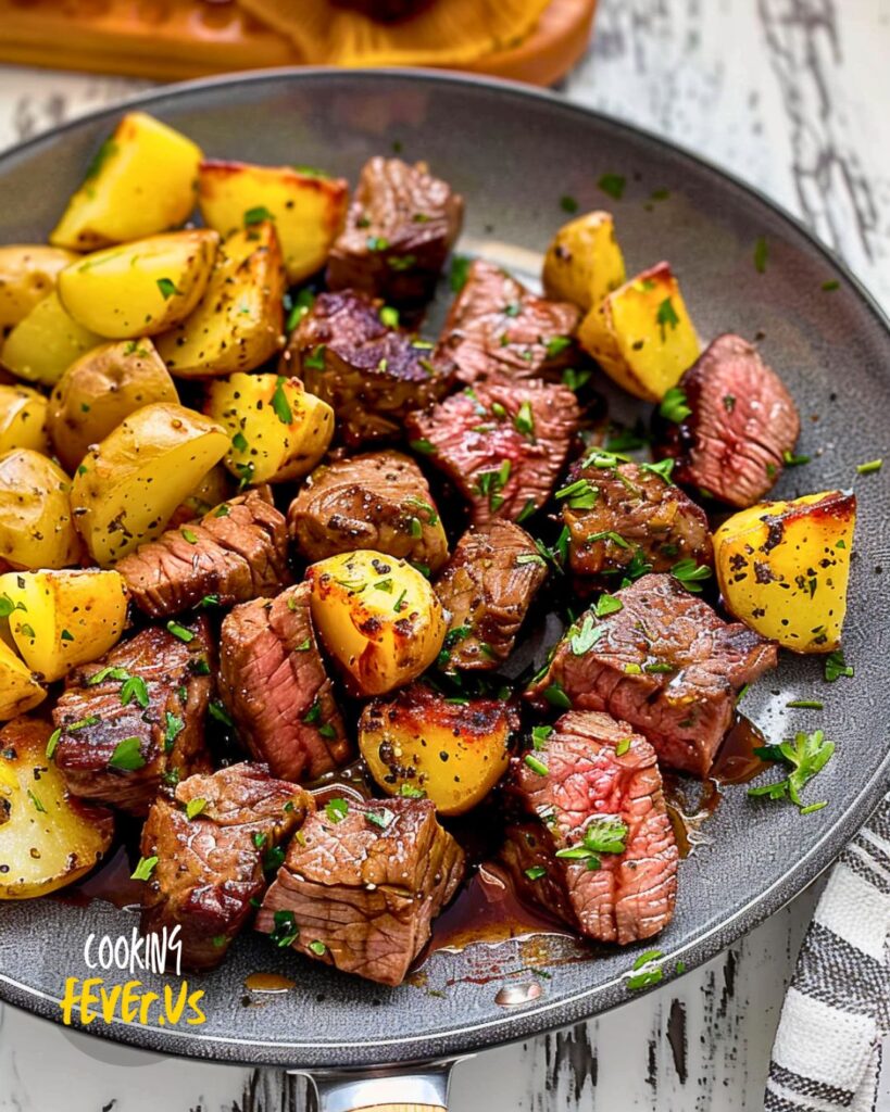 serving Steak Bites and Potatoes