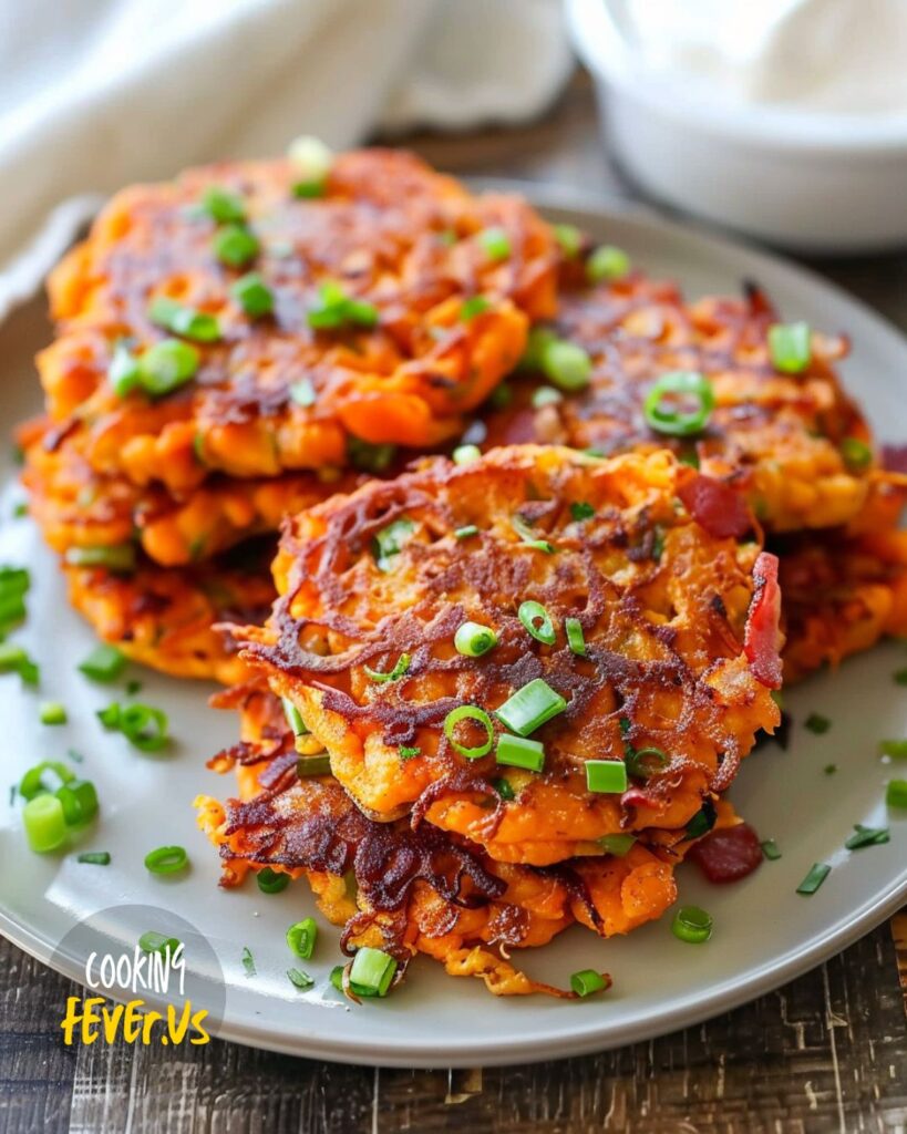 Making Sweet Potato Fritters with Bacon and Green Onions 