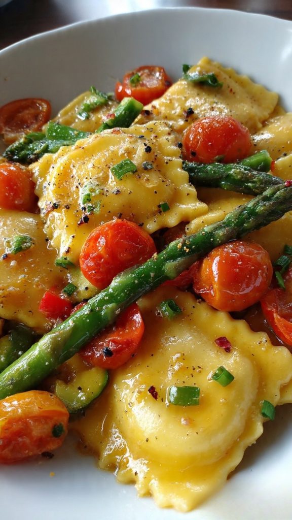 Ravioli With Tomatoes, Asparagus and Garlic – Elegant Date-Night Dinner